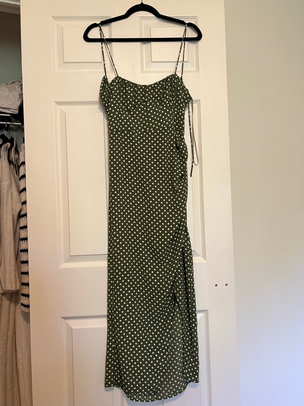 Zara Olive Green Midi Slip Dress with White Polka Dots